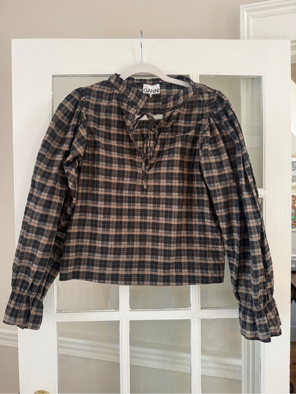 GANNI Seersucker Check Long Sleeve Blouse Top Brown/Black